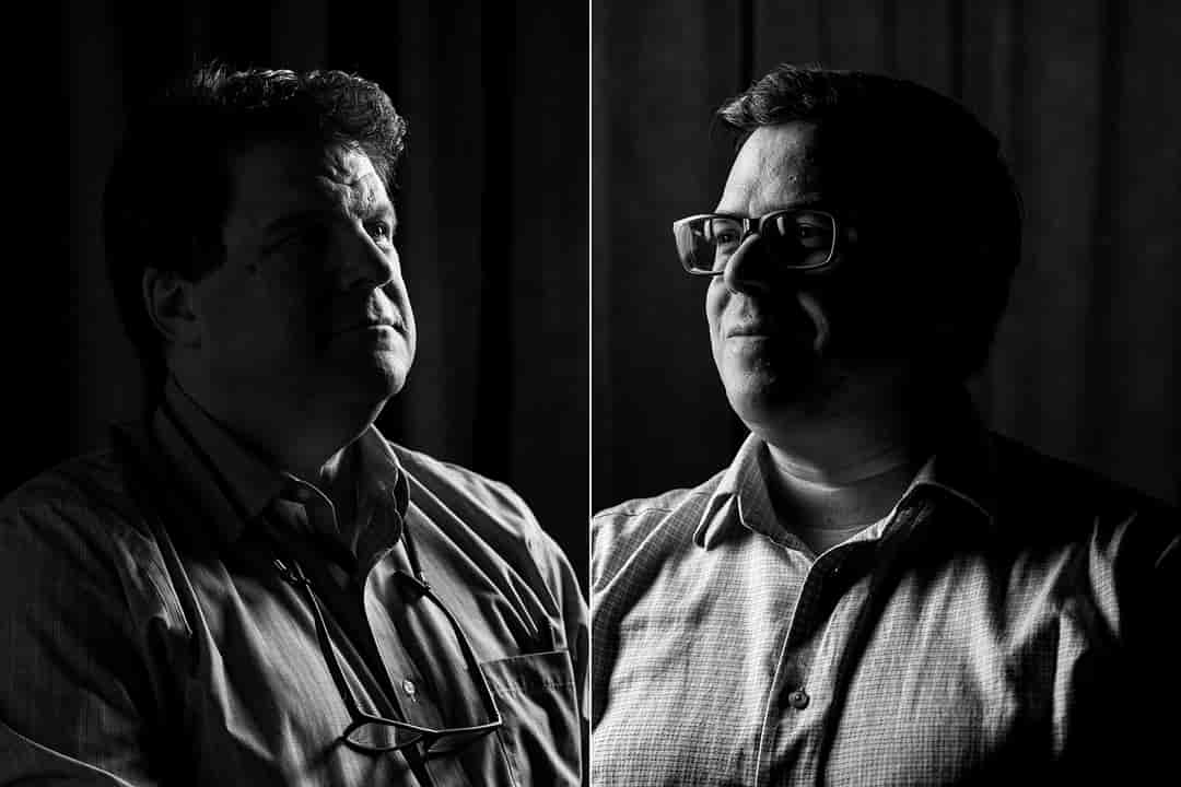 Black and white diptych of portraits of two male administrators