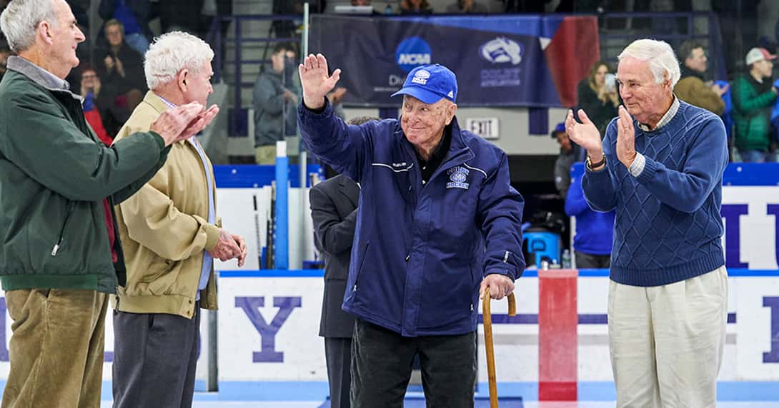 Coach Jack Kelley is welcomed to center ice Nov. 23, 2019, before the final Colby vs. Bowdoin game in the Alfond Athletics Center rink.