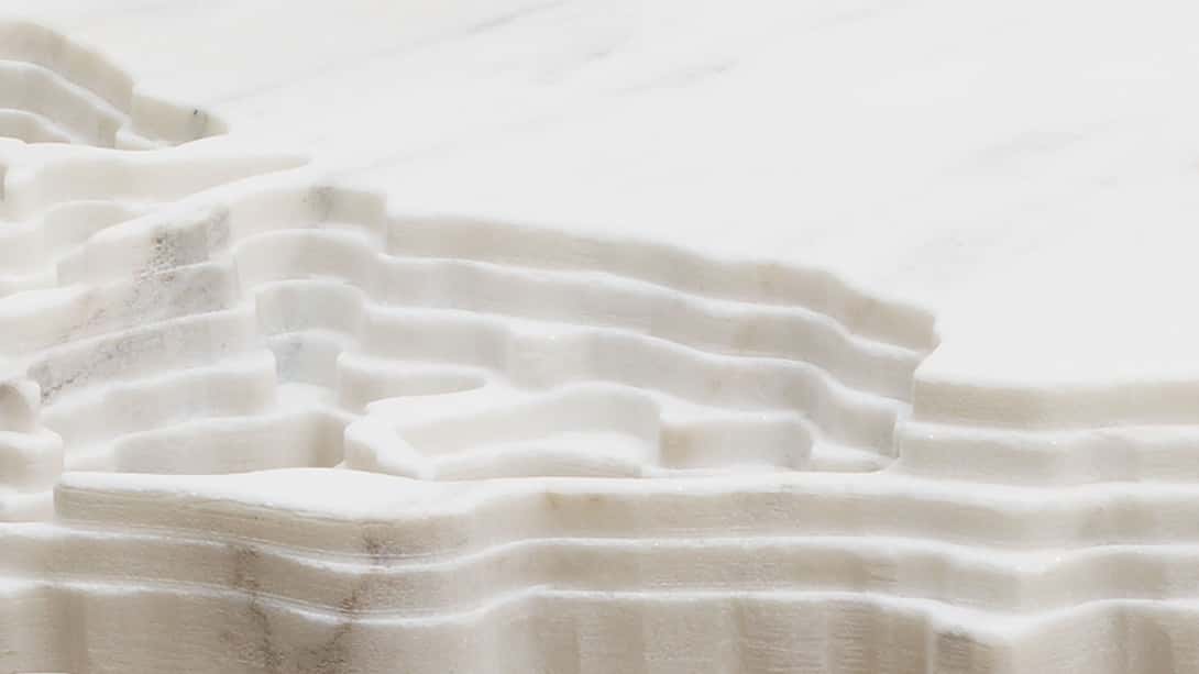 Maya Lin, Disappearing Bodies of Water: Arctic Ice (Detail), 2013. Vermont Danby marble on granite base (AP 1/1) 48 x 46 x 52 in. (121.92 x 116.84 x 132.08 cm) The Lunder Collection. © Maya Lin, courtesy Pace Gallery.