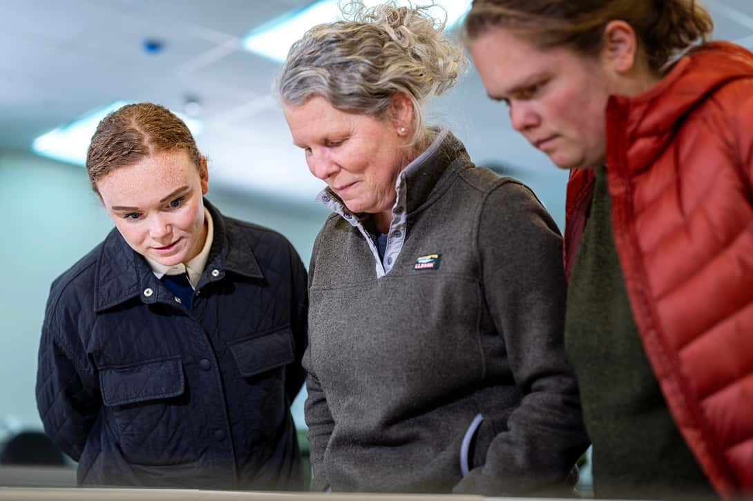 Three women look at something very attentively.