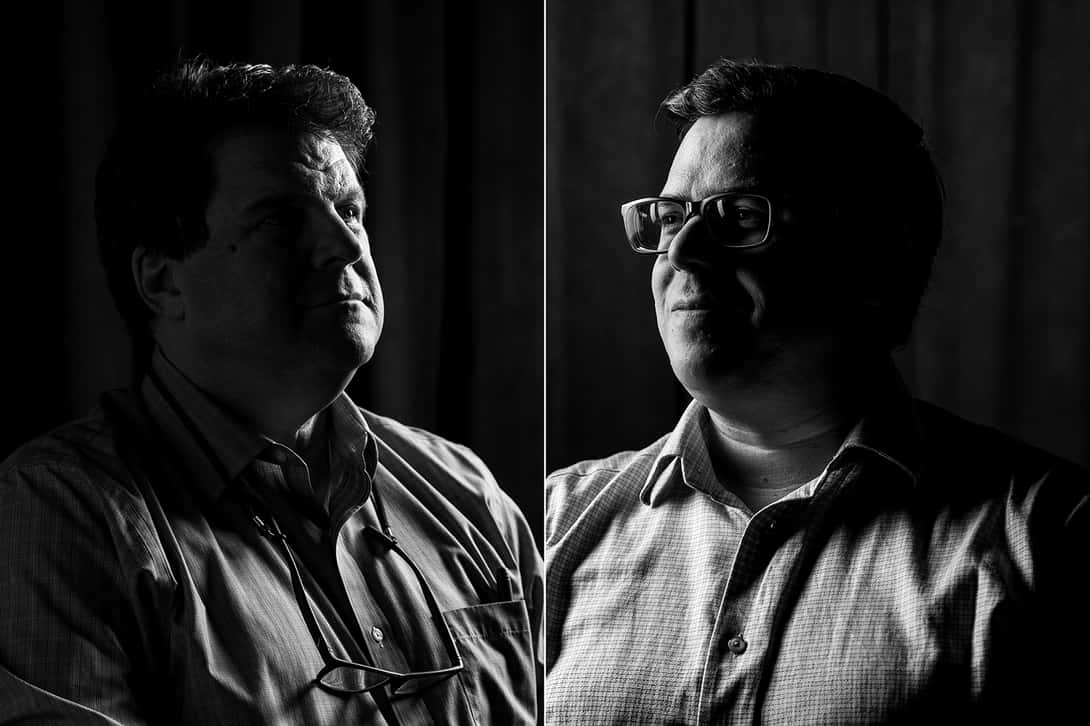 Black and white diptych of portraits of two male administrators
