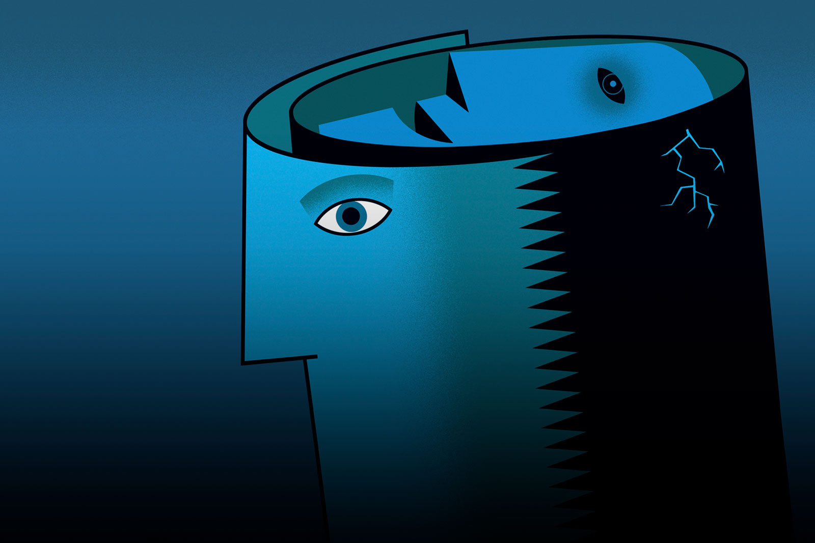 Illustration of face inside of man's cracked head
