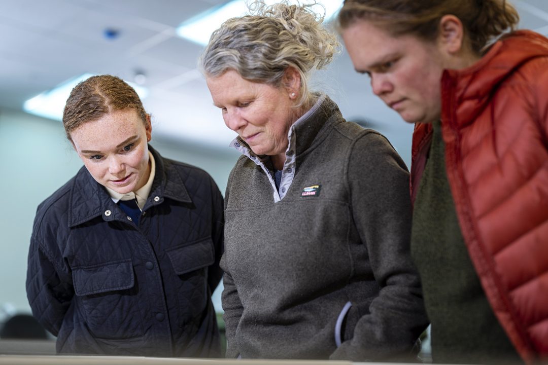 Three women look at something very attentively.
