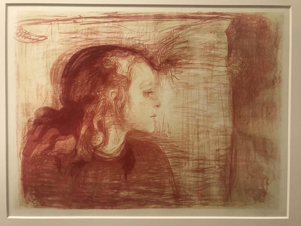 A lithograph portrait of a woman looking to the right.