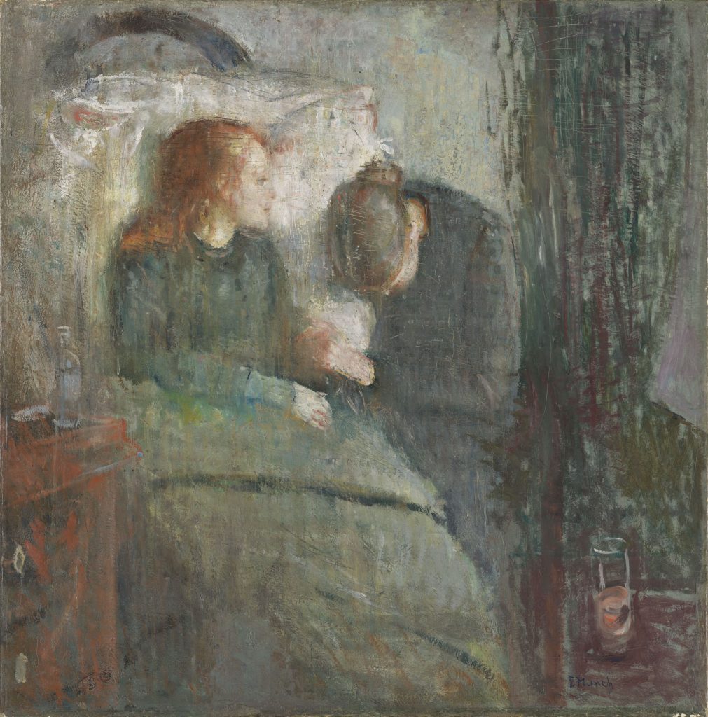 A painting of a woman in bed with a caretaker beside her.