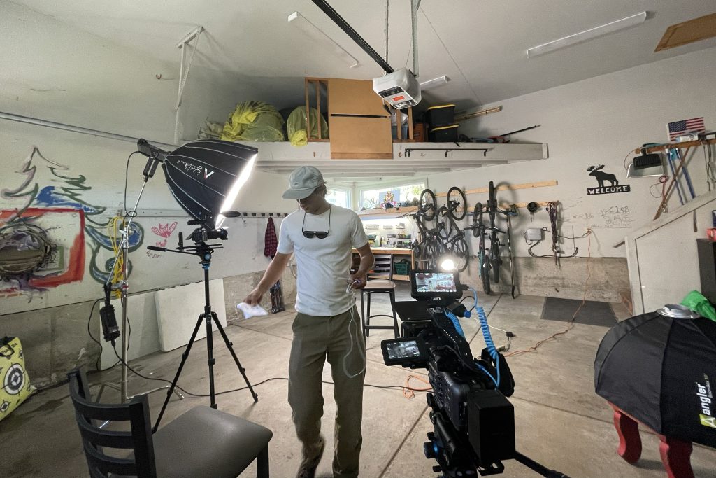 Torsten Brinkema '22 works in a makeshift studio on his documentary about Olympic champion Jessie Diggins. 
 