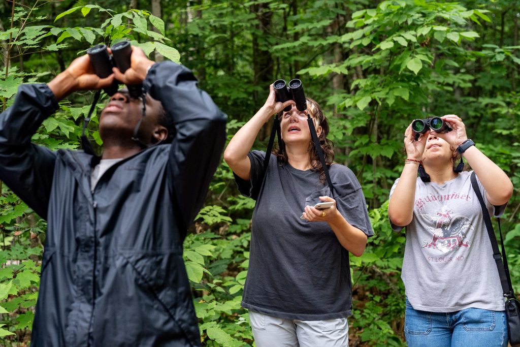 Three people looking upward with binoculars.