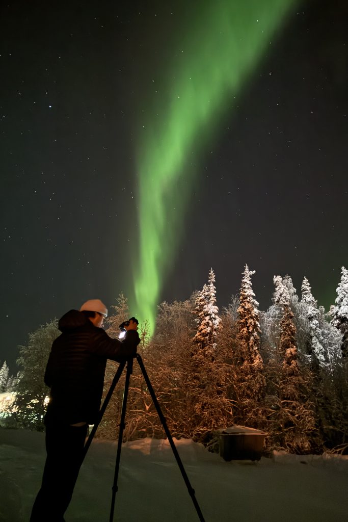 A person films under the green Northern Lights, with snow-covered trees in the background. 