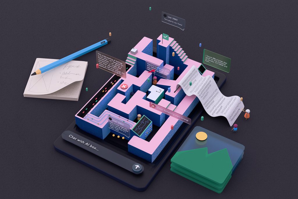 An abstract artistic 3D graphic featuring a pencil and maze shaped staircases.
