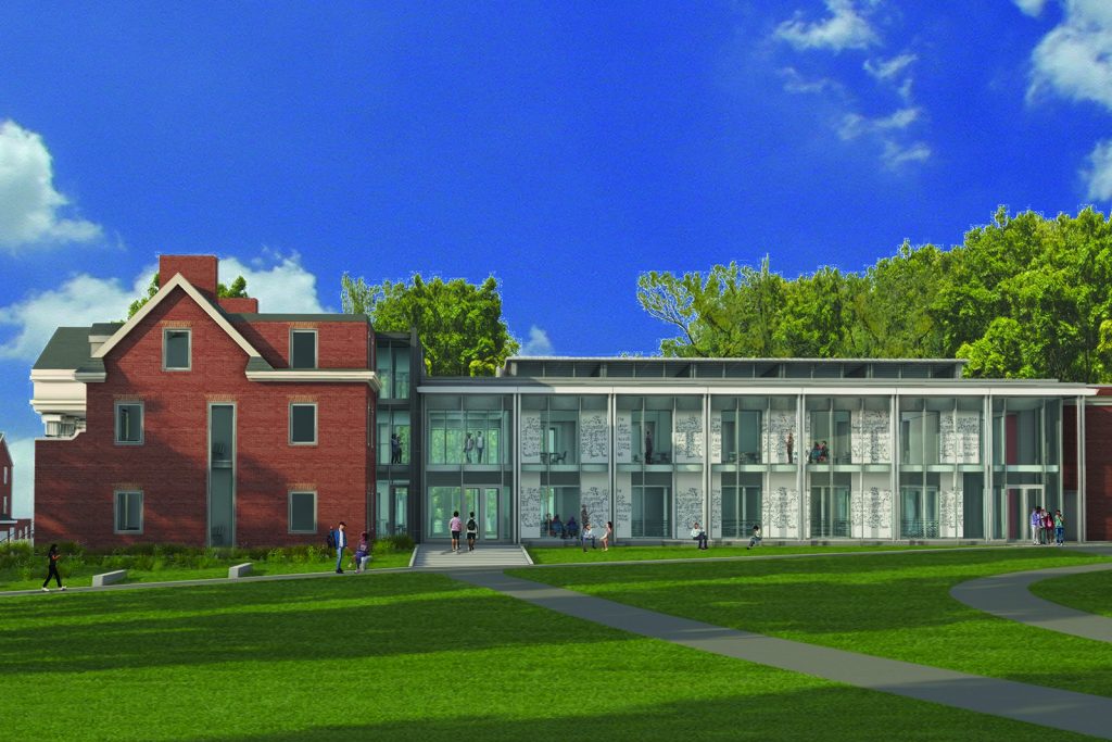 A rendering of a proposed campus building with large glass windows.