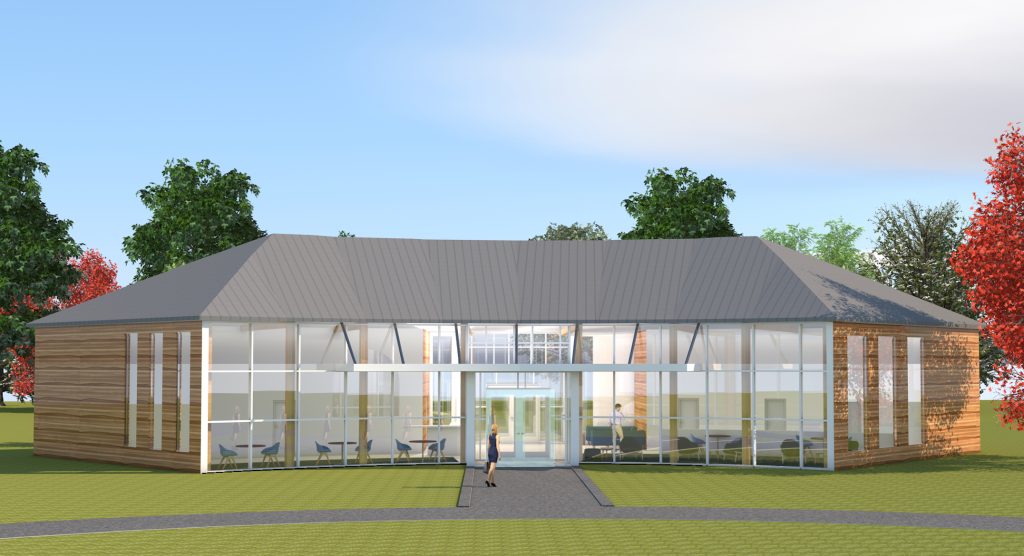3D rendering of a building facing forward.