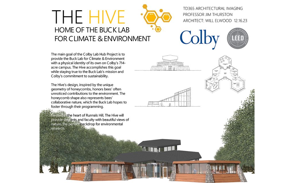 Poster showing sketches of a modern looking building.