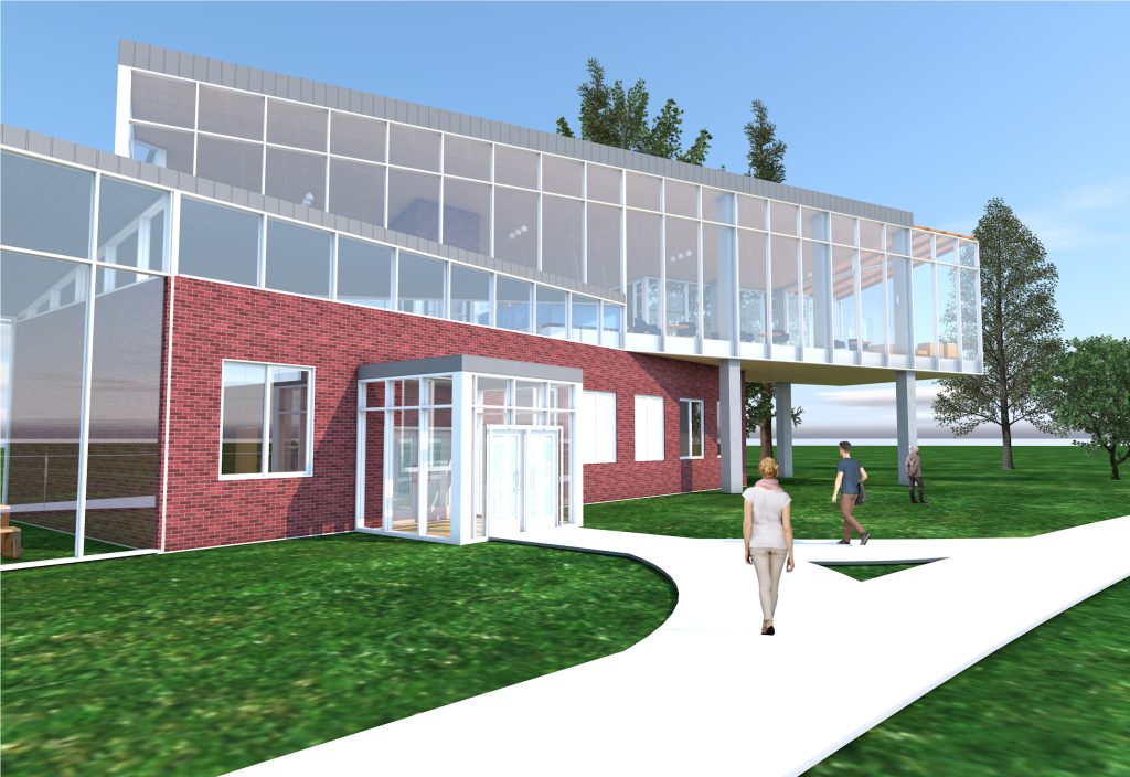 3D rendering of a building with large glass windows and sleek architecture.