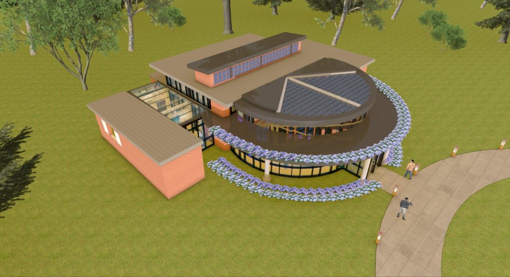 3D rendering of a semi-circular shaped building.