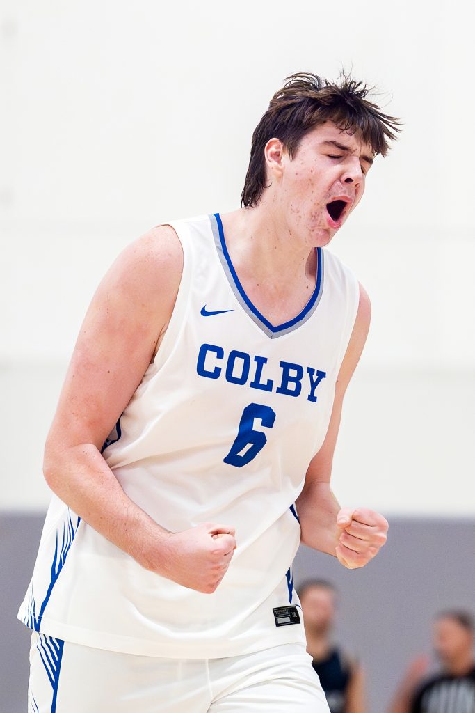 A Colby athlete celebrates.