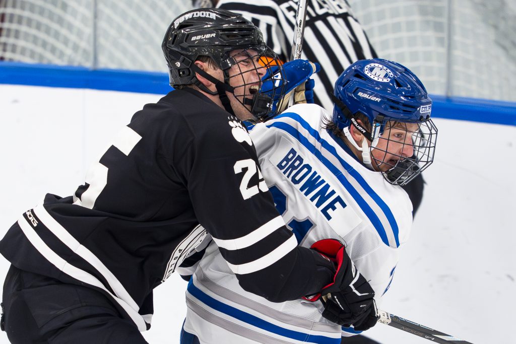 Two hockey players fighting for the puck.