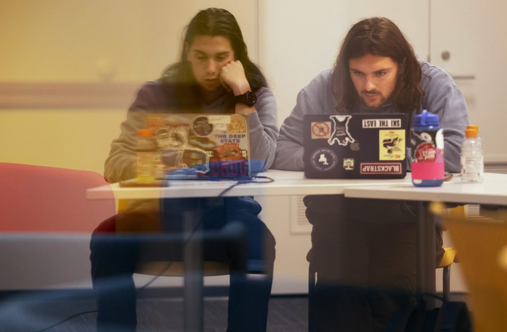Two students work at computers.