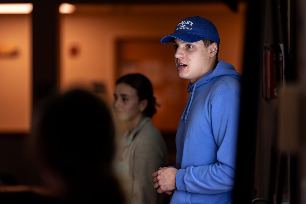 A student talks during a public presentation.