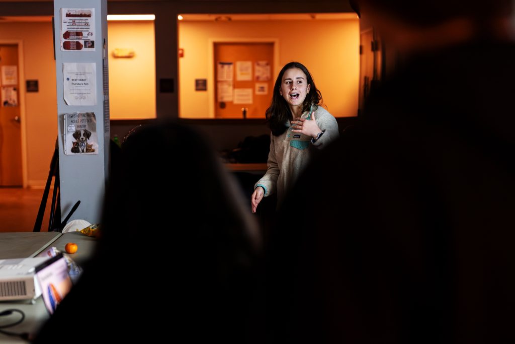 A student talks during a public presentation.