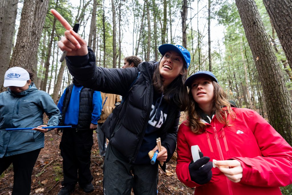 Two students gesture at something in the forest.
