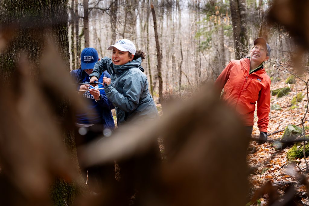Students use a tool to core a tree while a professor looks on.