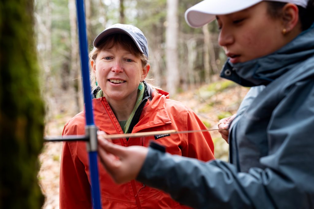 A professor watches as a student works to take a tree core sample.