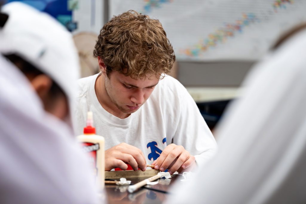 A student works on a tree core sample.