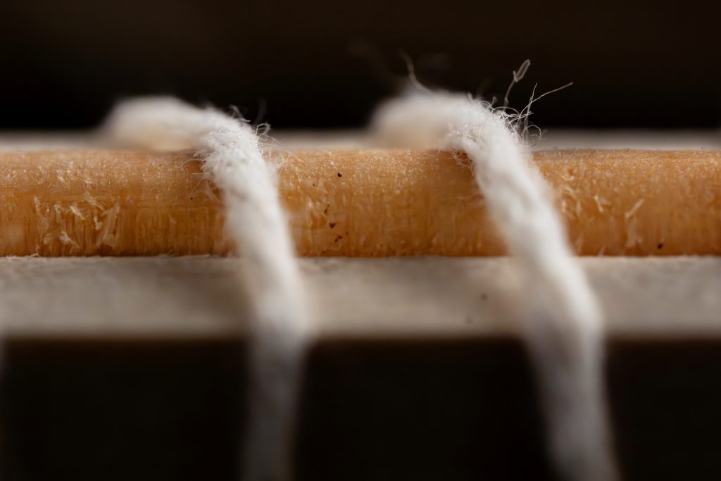 A glued tree core sample is secured with twine.