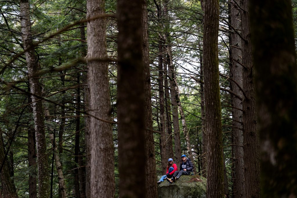 Students sit on a boulder in a forest.