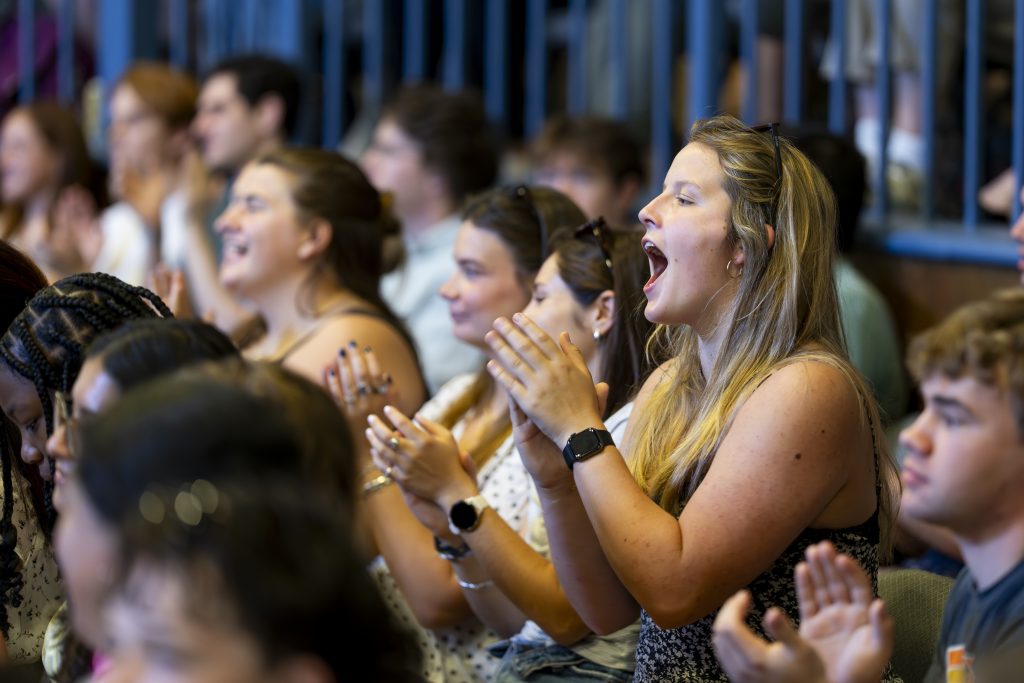 Students cheer at the annual Last Lecture.