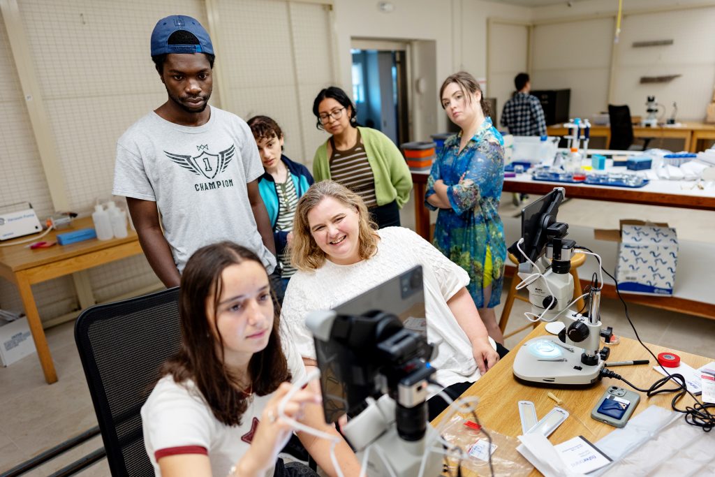 A group of students at work in a lab.