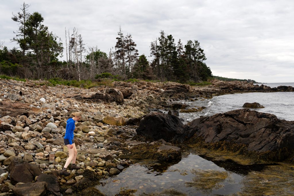 A person walks along a rocky shorefront. 