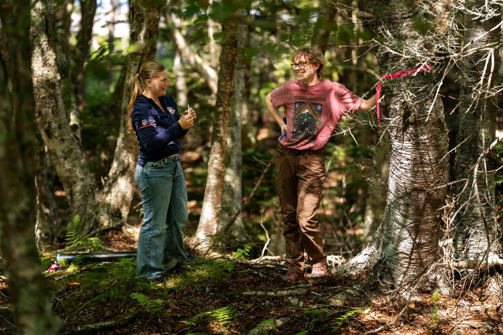 Two students look happy while working on a project in the forest. 